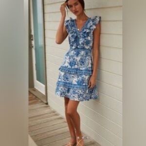 Anthropologie- Ros Garden Blue and White Ruffle Mini Dress size small